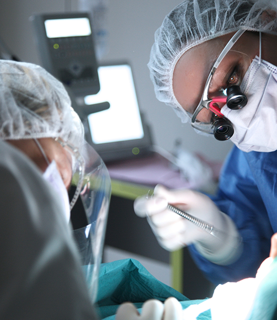 Dentist and assistant performing gum disease treatment on a patient